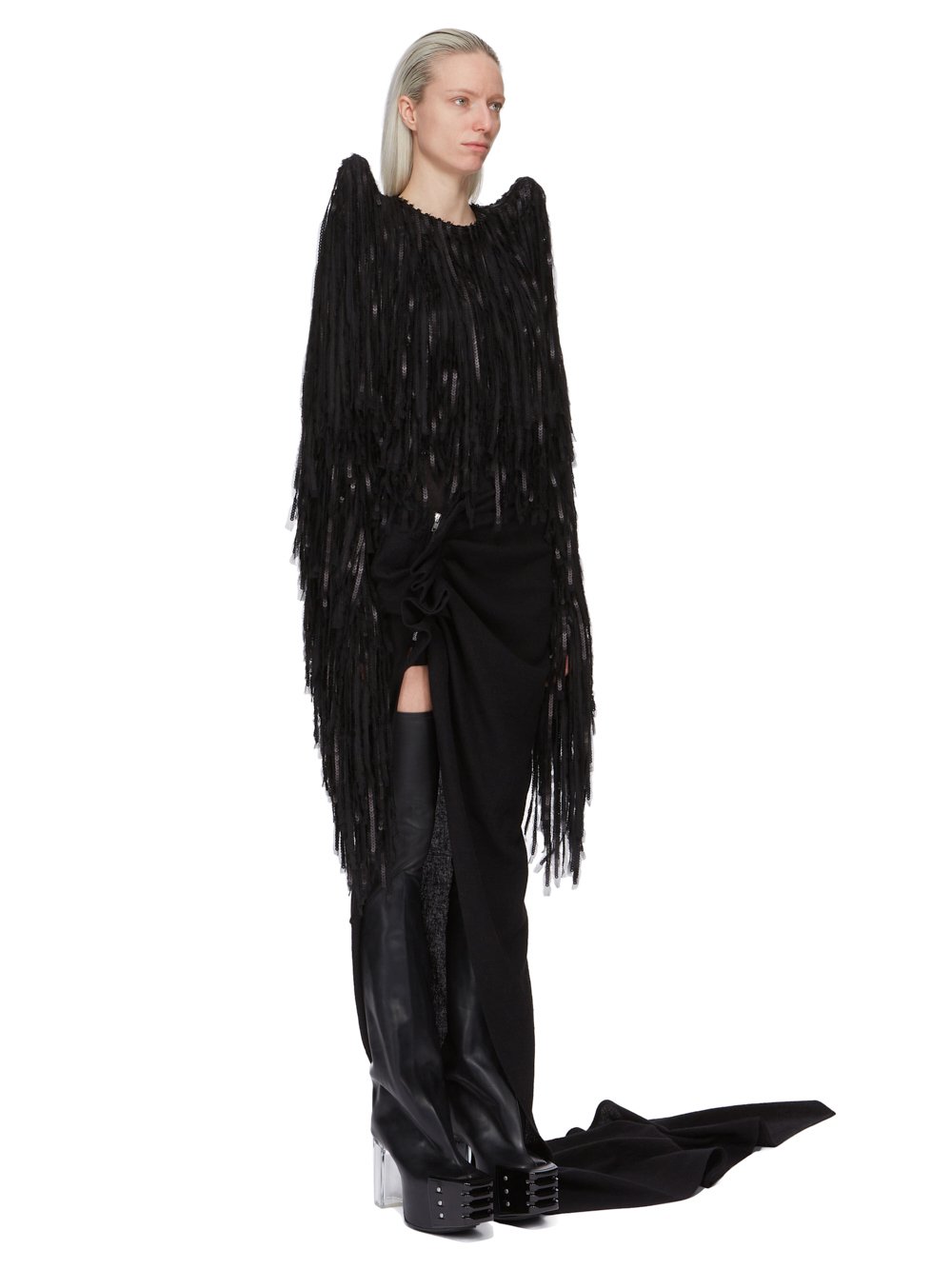 RICK OWENS FW23 LUXOR RUNWAY STROBE BOLERO IN BLACK SILK CHIFFON SEQUIN FRINGE