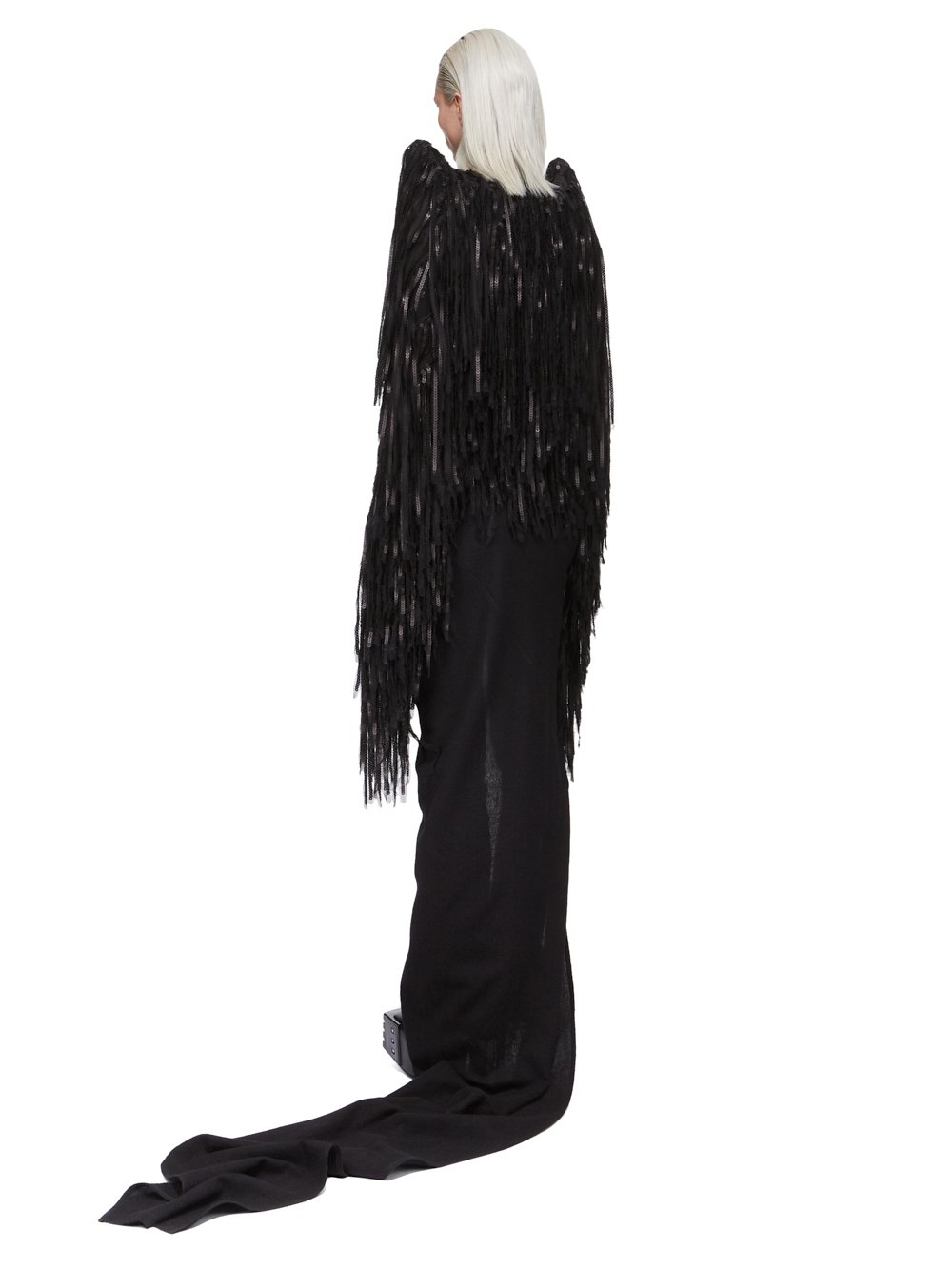 RICK OWENS FW23 LUXOR RUNWAY STROBE BOLERO IN BLACK SILK CHIFFON SEQUIN FRINGE