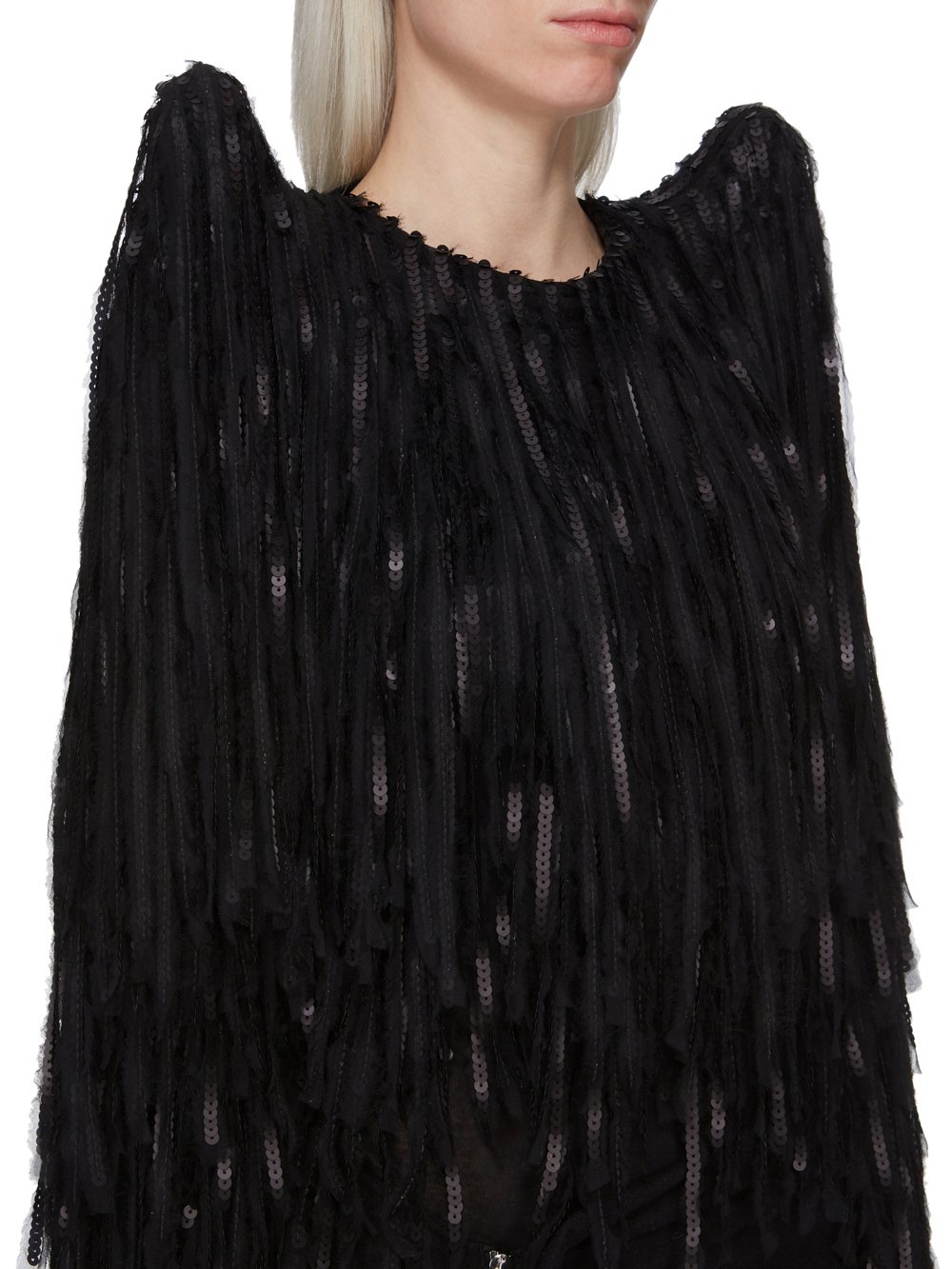 RICK OWENS FW23 LUXOR RUNWAY STROBE BOLERO IN BLACK SILK CHIFFON SEQUIN FRINGE