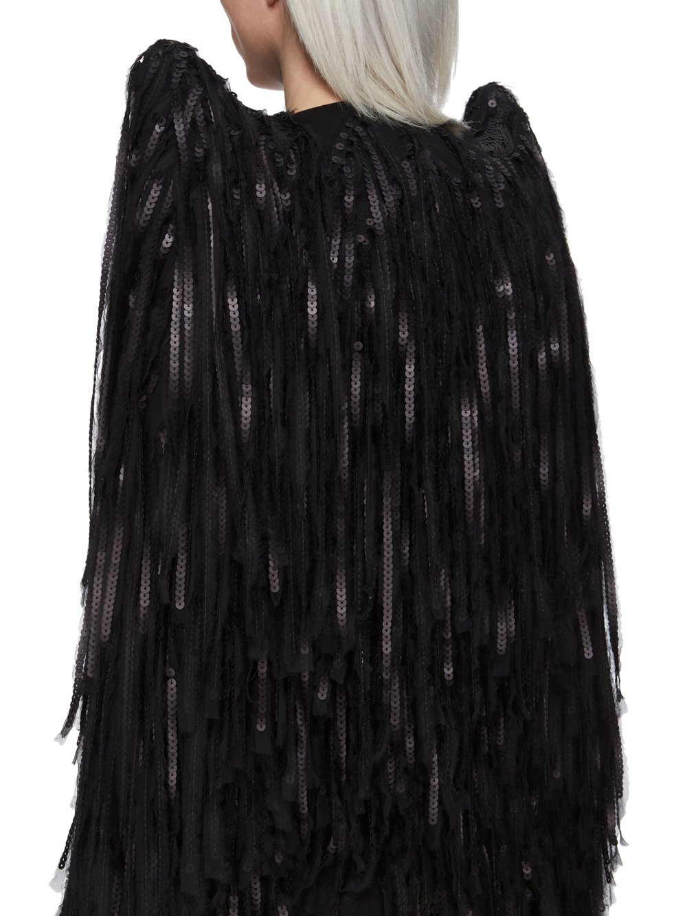 RICK OWENS FW23 LUXOR RUNWAY STROBE BOLERO IN BLACK SILK CHIFFON SEQUIN FRINGE