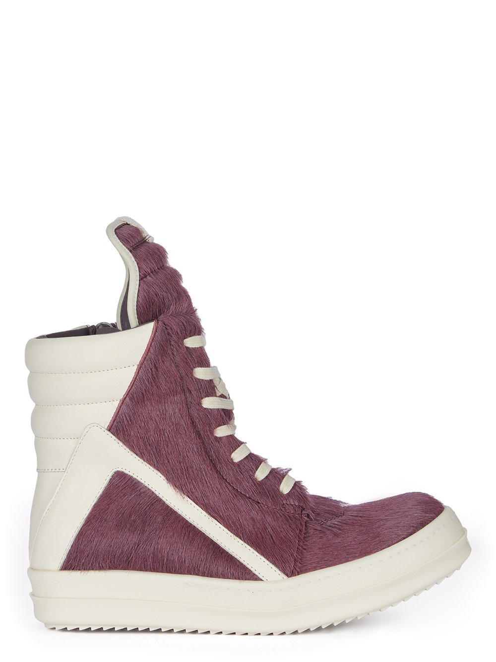 RICK OWENS FW23 LUXOR GEOBASKET IN AMETHYST LONG HAIR PONY AND FULL GRAIN CALF LEATHER 