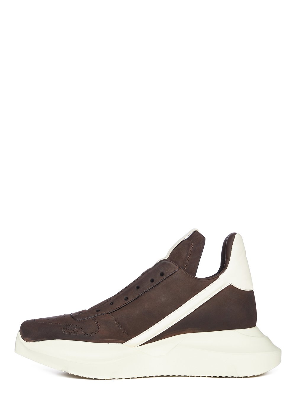 RICK OWENS FW23 LUXOR RUNWAY GETH RUNNER IN BROWN GREYWOLF NUBUCK AND MILK FULL GRAIN CALF LEATHER