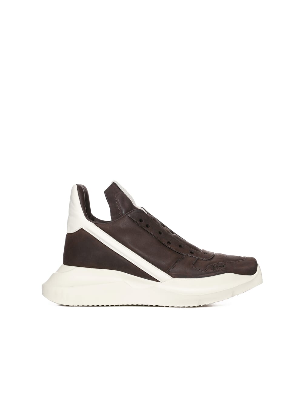 RICK OWENS FW23 LUXOR RUNWAY GETH RUNNER IN BROWN GREYWOLF NUBUCK AND MILK FULL GRAIN CALF LEATHER