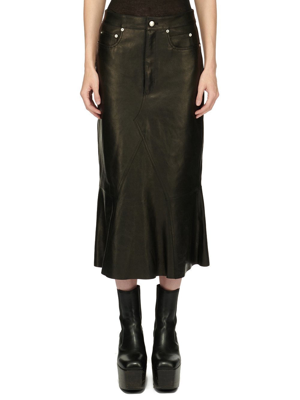 RICK OWENS FW23 LUXOR GODET SKIRT IN BLACK VEG NAPPA LAMB