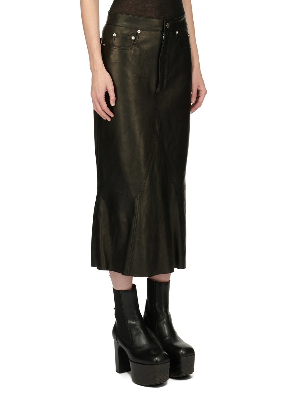 RICK OWENS FW23 LUXOR GODET SKIRT IN BLACK VEG NAPPA LAMB