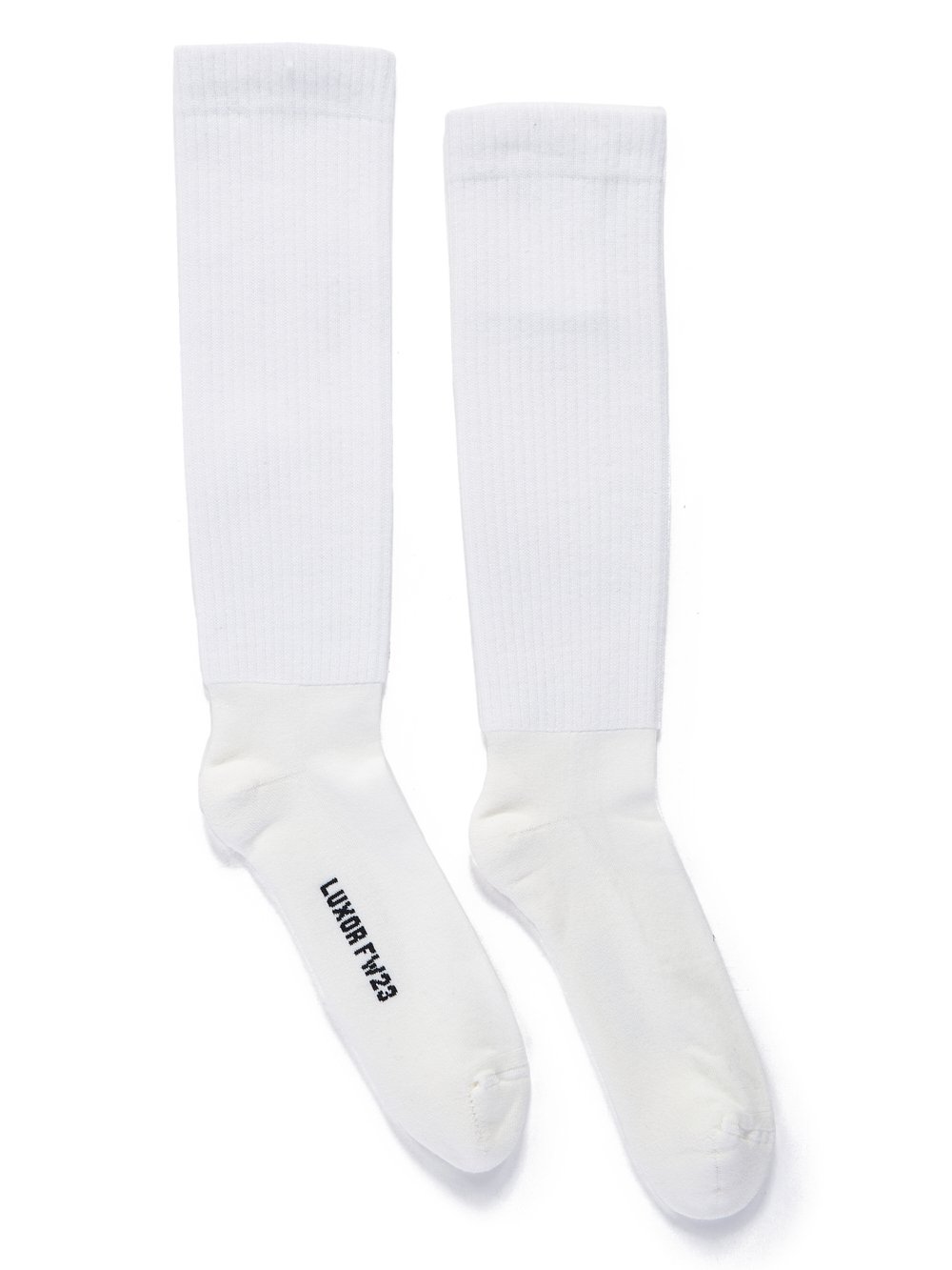 RICK OWENS FW23 LUXOR MID CALF SOCKS IN MILK AND BLACK COTTON KNIT