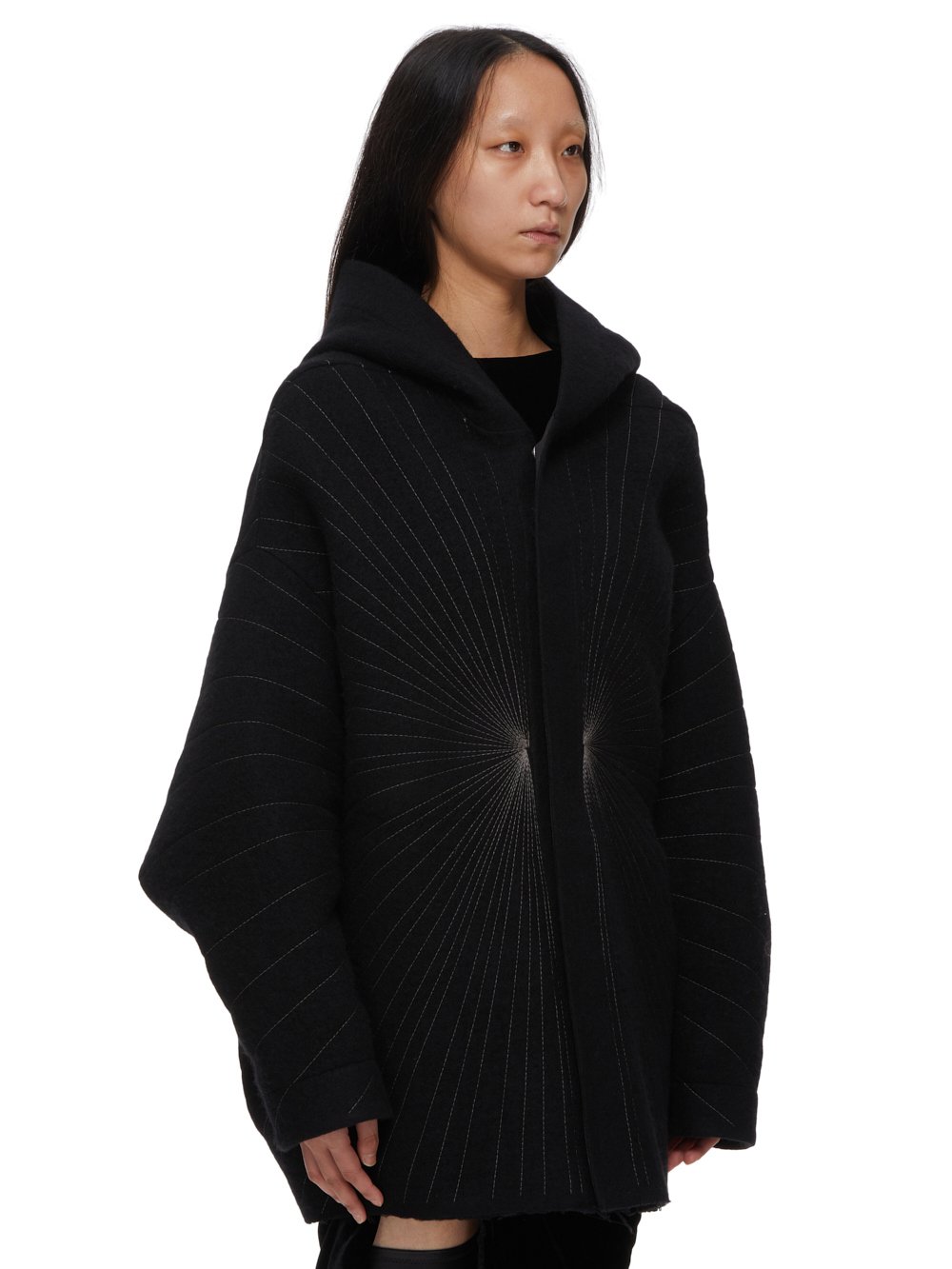 RICK OWENS FW23 LUXOR SNAP FRONT PETER IN BLACK AND DUST RADIANCE EMBROIDERED BOILED WOOL 