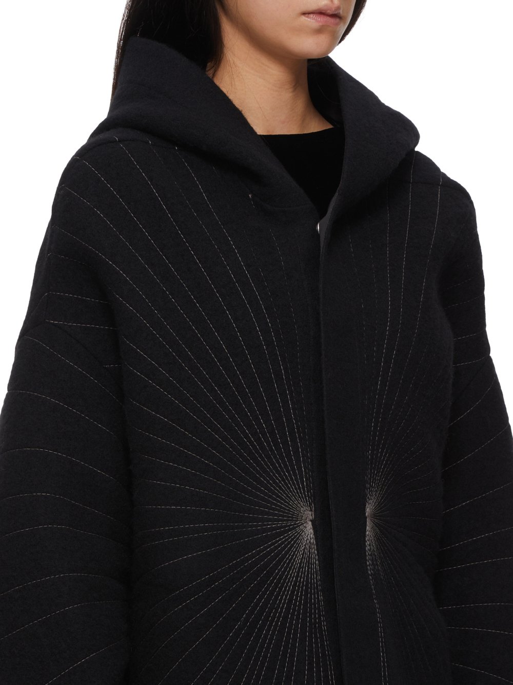 RICK OWENS FW23 LUXOR SNAP FRONT PETER IN BLACK AND DUST RADIANCE EMBROIDERED BOILED WOOL 