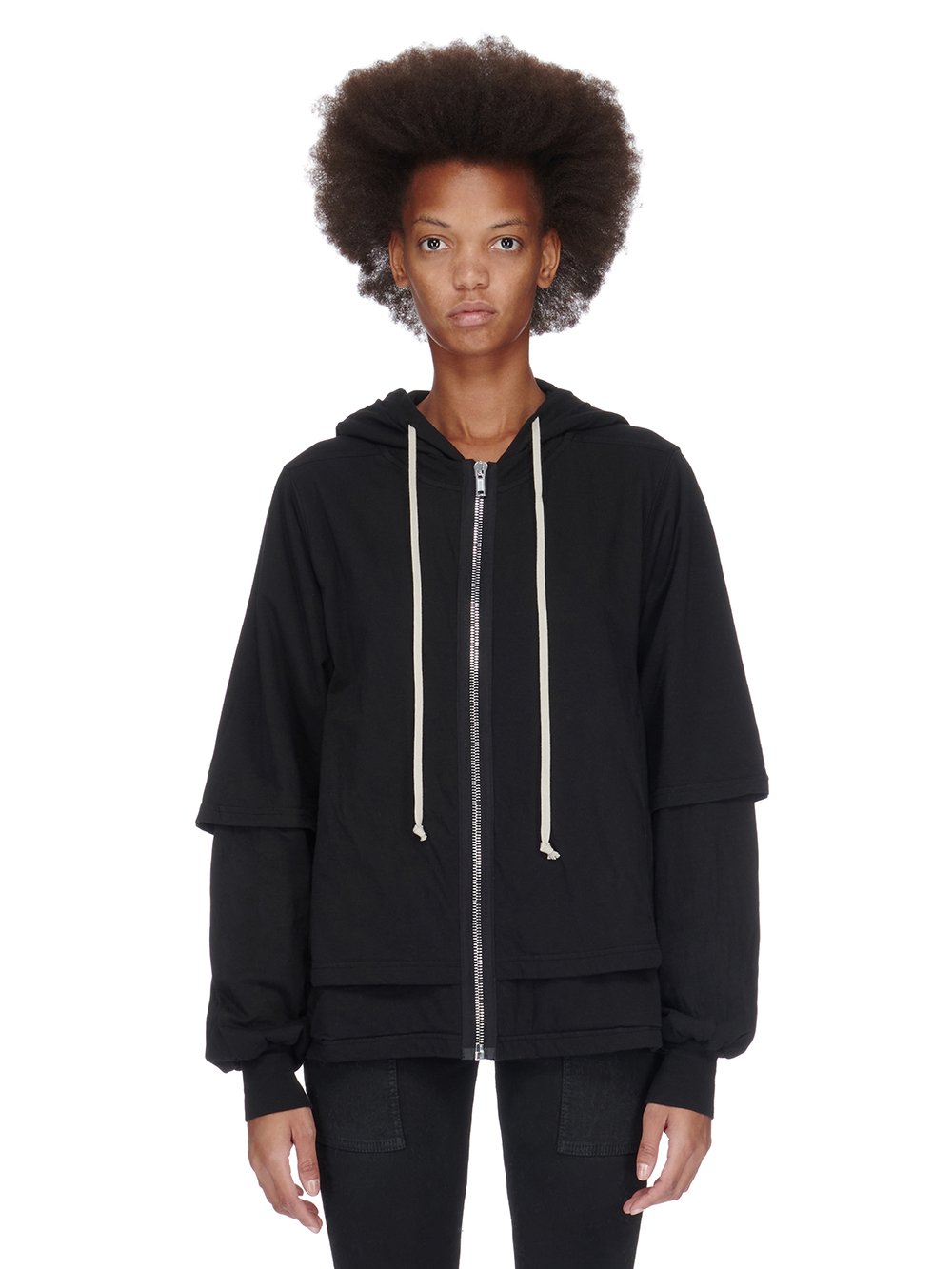 RICK OWENS FW23 LUXOR ZIPPED HUSTLER HOODIE IN BLACK MEDIUM WEIGHT COTTON JERSEY