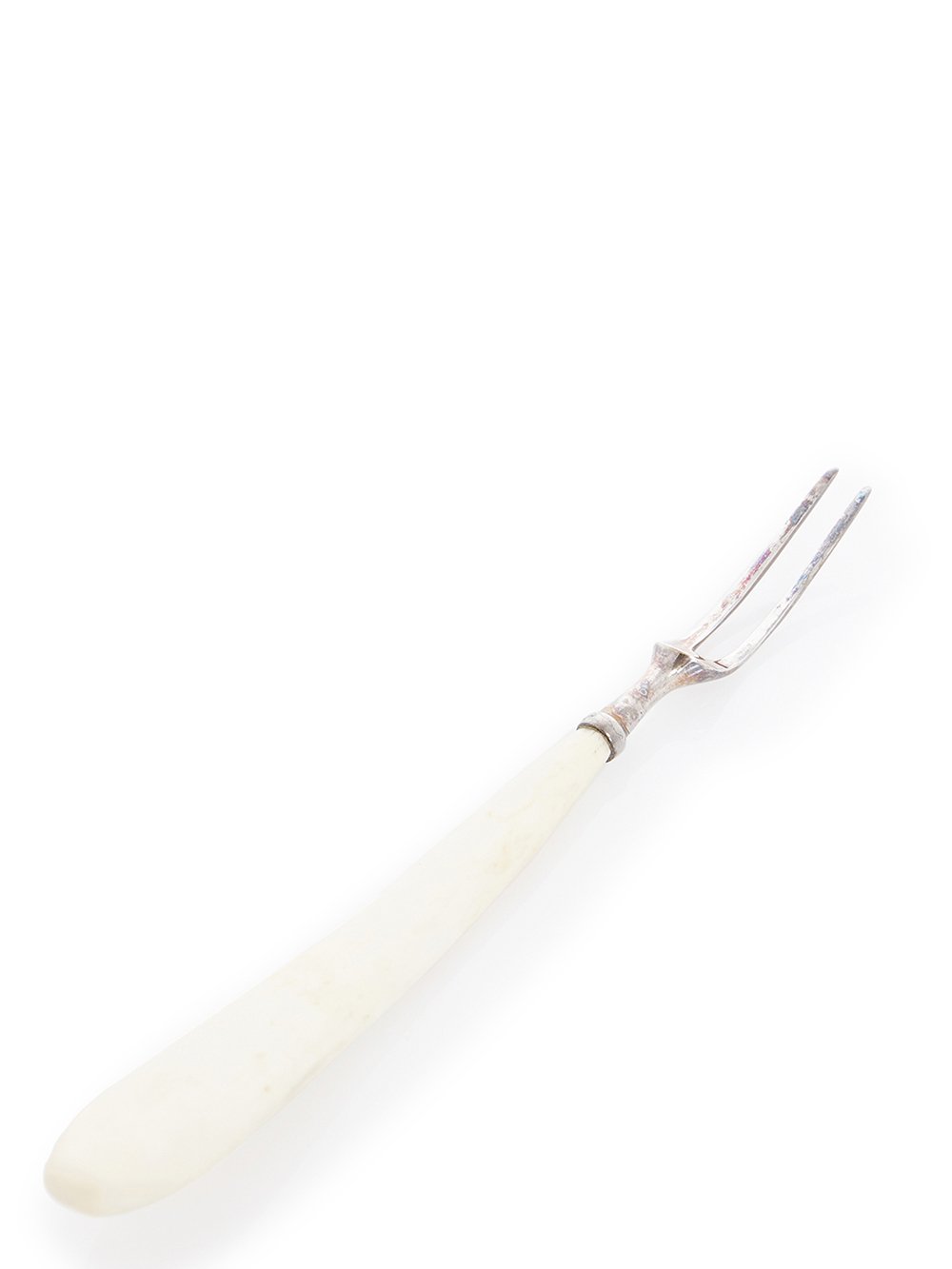 RICK OWENS SNAIL FORK FEATURES A SMALL TWO TINE STERLING TOP, AND A SLIM NATURAL COLOR BONE HANDLE.