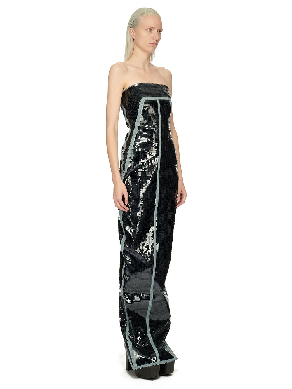 RICK OWENS FW23 LUXOR BUSTIER GOWN IN BLUE AND BLACK SEQUIN EMBROIDERED STRETCH DENIM 