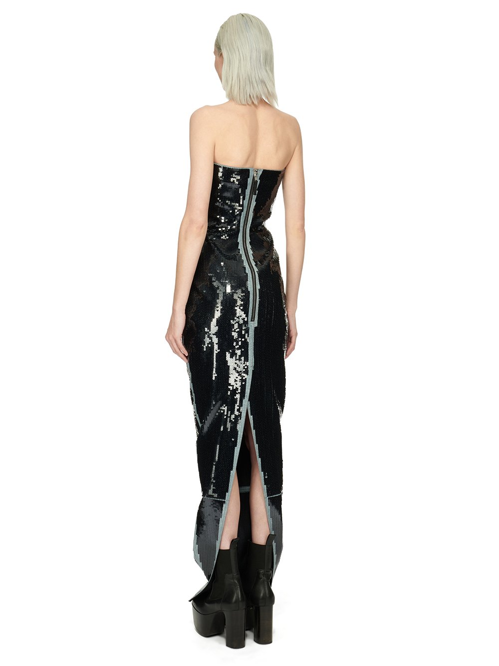 RICK OWENS FW23 LUXOR BUSTIER GOWN IN BLUE AND BLACK SEQUIN EMBROIDERED STRETCH DENIM 