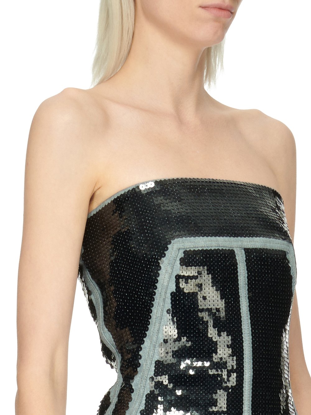 RICK OWENS FW23 LUXOR BUSTIER GOWN IN BLUE AND BLACK SEQUIN EMBROIDERED STRETCH DENIM 