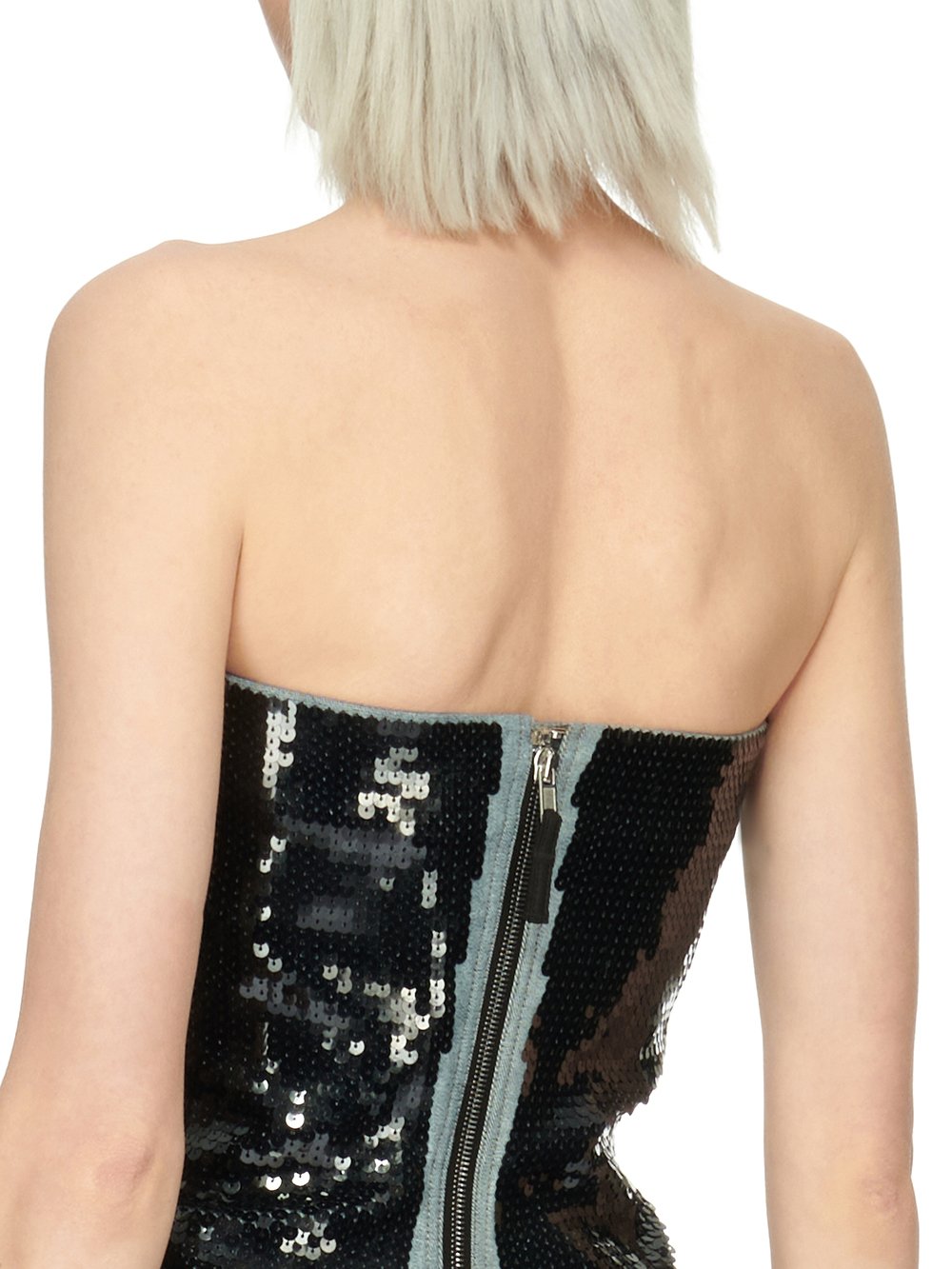 RICK OWENS FW23 LUXOR BUSTIER GOWN IN BLUE AND BLACK SEQUIN EMBROIDERED STRETCH DENIM 