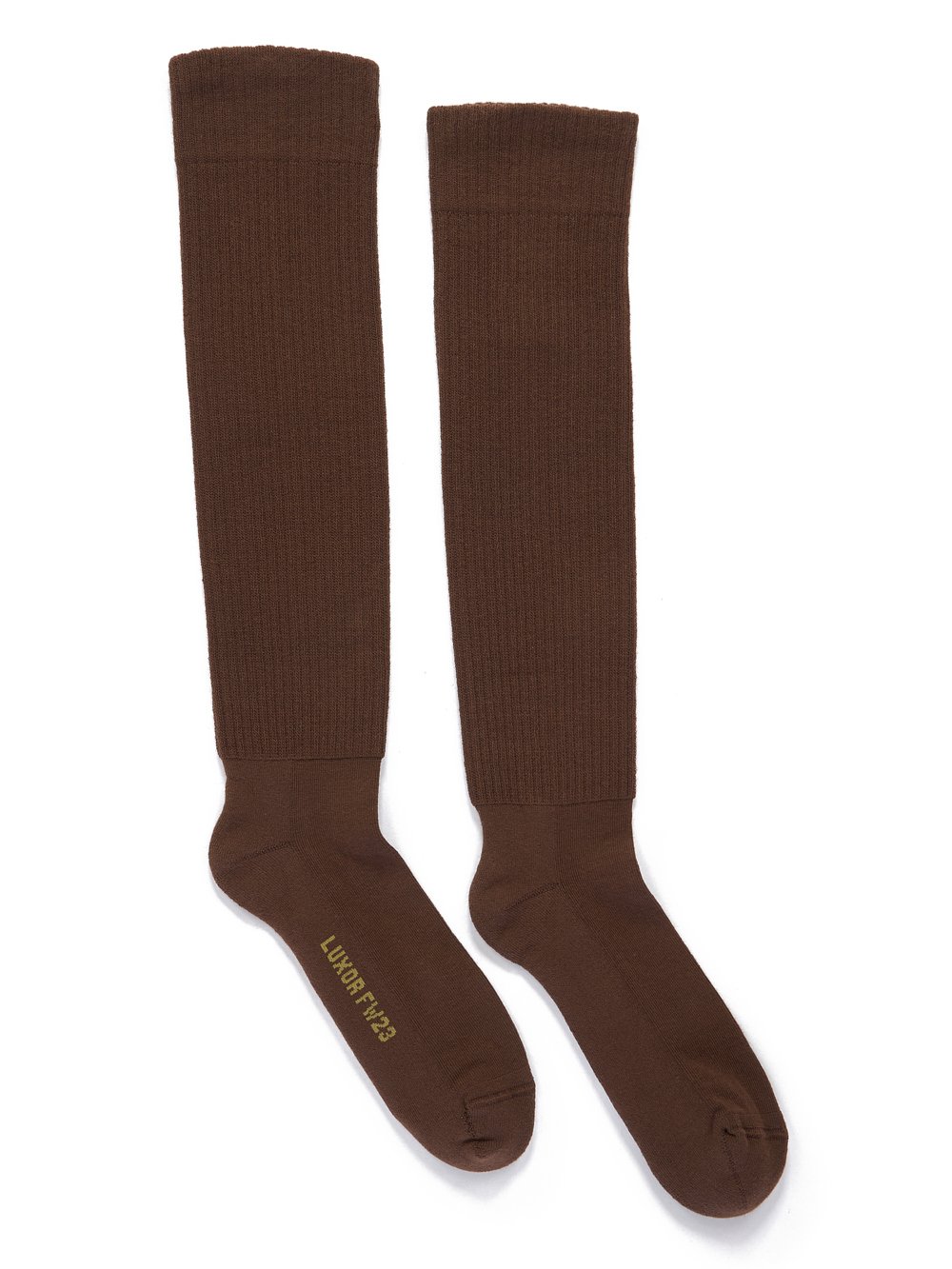 RICK OWENS FW23 LUXOR KNEE HIGH SOCKS IN BROWN AND ACID COTTON KNIT