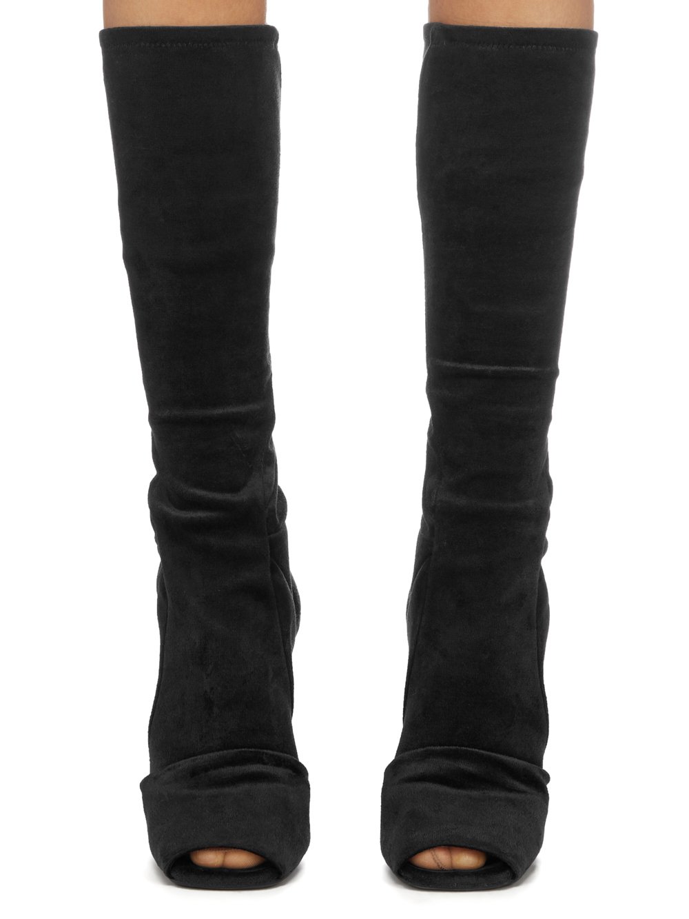 RICK OWENS LILIES FW23 LUXOR CANTILEVER 11 MID CALF BOOT IN BLACK VELVET JERSEY