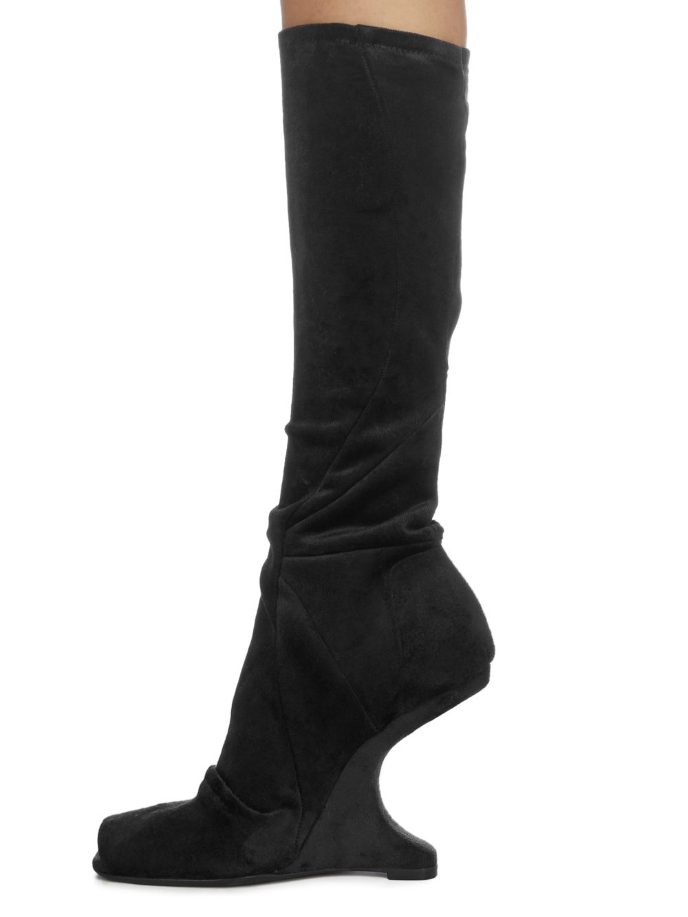 RICK OWENS LILIES FW23 LUXOR CANTILEVER 11 MID CALF BOOT IN BLACK VELVET JERSEY