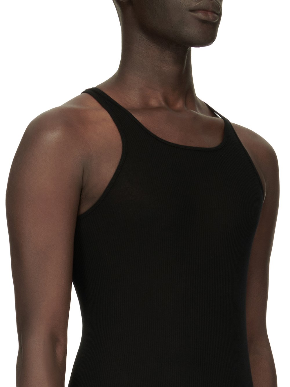 RICK OWENS FOREVER BASIC RIB TANK IN BLACK VISCOSE SILK RIB JERSEY