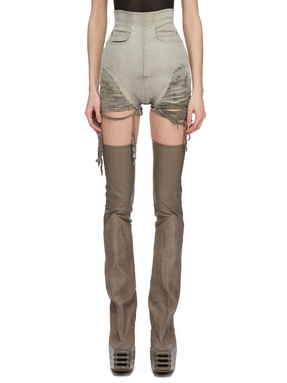 RICK OWENS FW23 LUXOR DIRT CUTOFFS IN MINERAL PEARL STRETCH DENIM