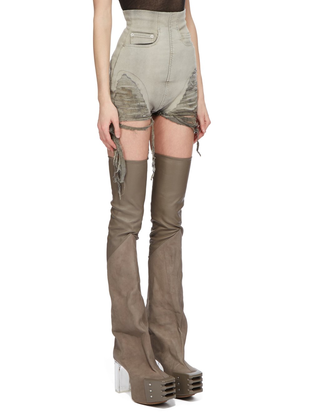 RICK OWENS FW23 LUXOR DIRT CUTOFFS IN MINERAL PEARL STRETCH DENIM