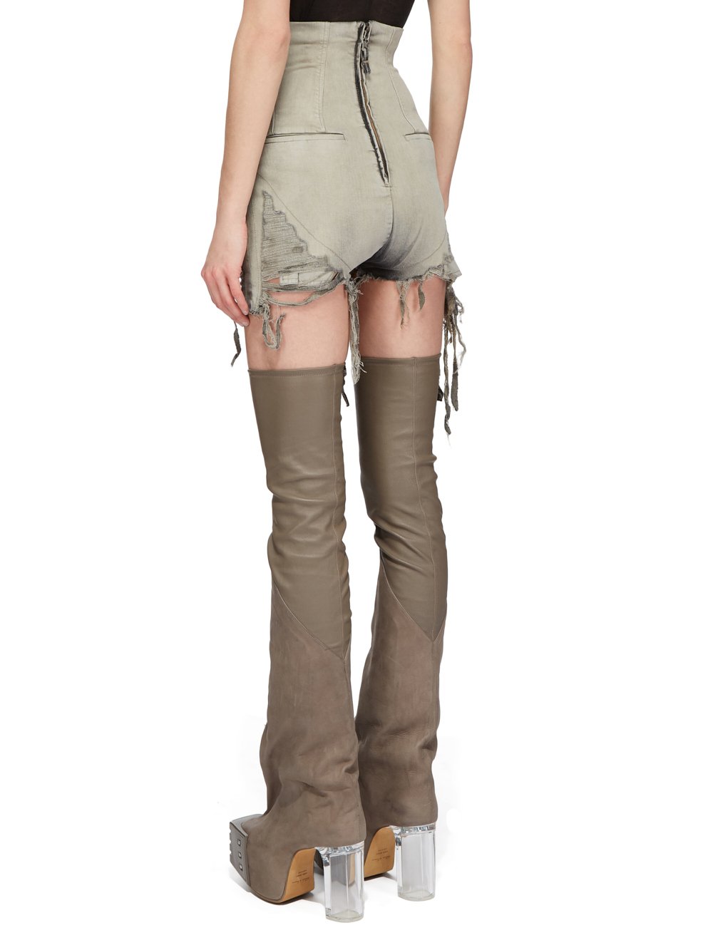 RICK OWENS FW23 LUXOR DIRT CUTOFFS IN MINERAL PEARL STRETCH DENIM