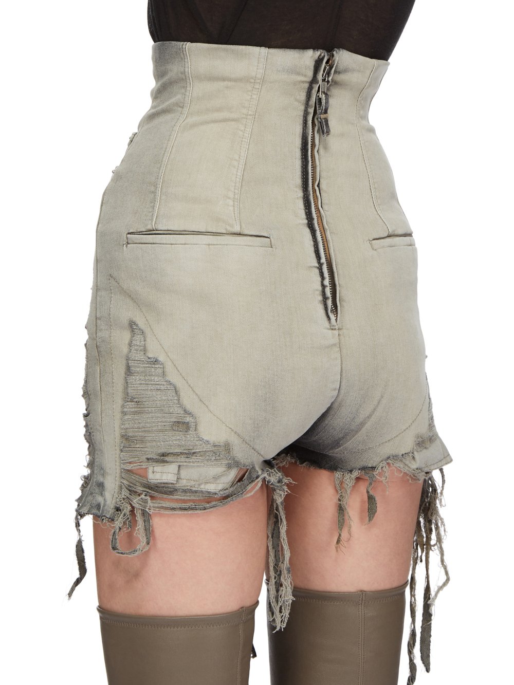 RICK OWENS FW23 LUXOR DIRT CUTOFFS IN MINERAL PEARL STRETCH DENIM