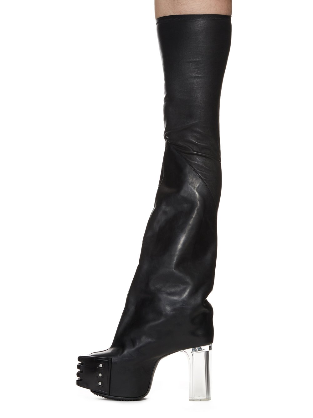 RICK OWENS FW23 LUXOR RUNWAY FLARED PLATFORMS 45 IN BLACK STRETCH LAMB LEATHER AND GROPPONE COW LEATHER 