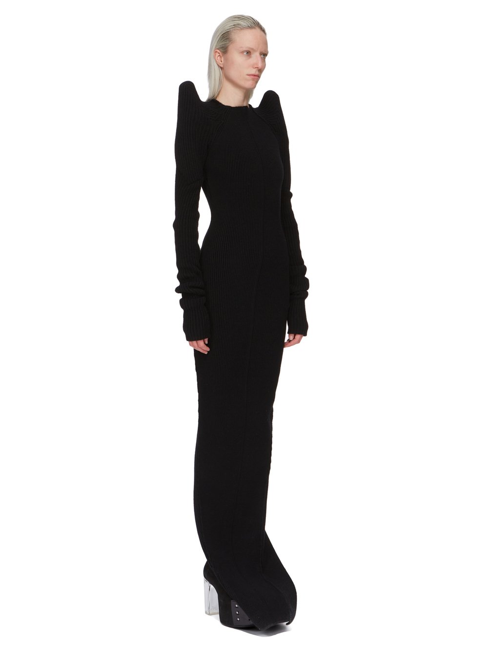 RICK OWENS FW23 LUXOR RUNWAY LONG TEC DRESS IN BLACK HEAVY RIB RECYCLED CASHMERE