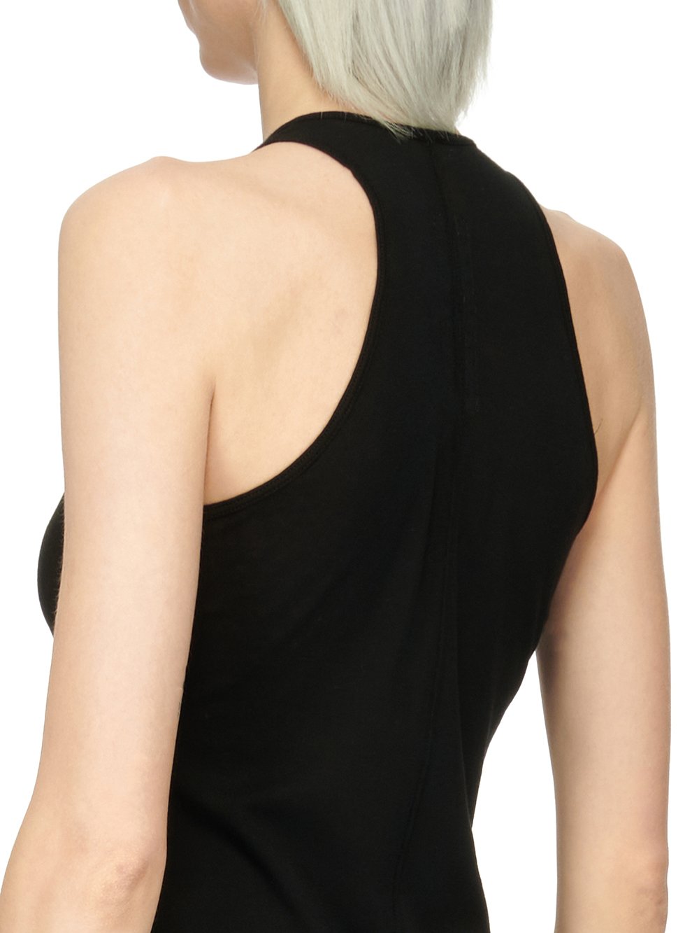 RICK OWENS FOREVER TANK DRESS IN BLACK MINI RIB JERSEY.