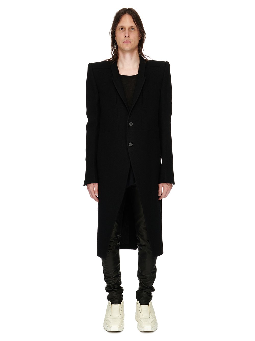 RICK OWENS FW23 LUXOR FOGPOCKET NEUE COAT IN BLACK SOFT WOOL FLANNEL