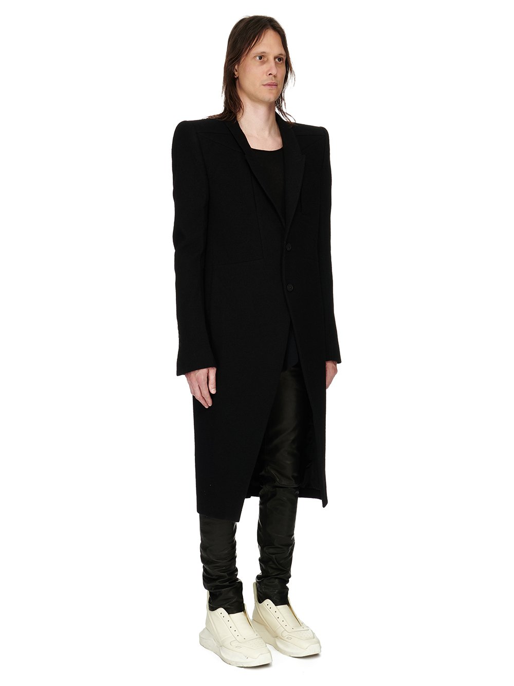 RICK OWENS FW23 LUXOR FOGPOCKET NEUE COAT IN BLACK SOFT WOOL FLANNEL