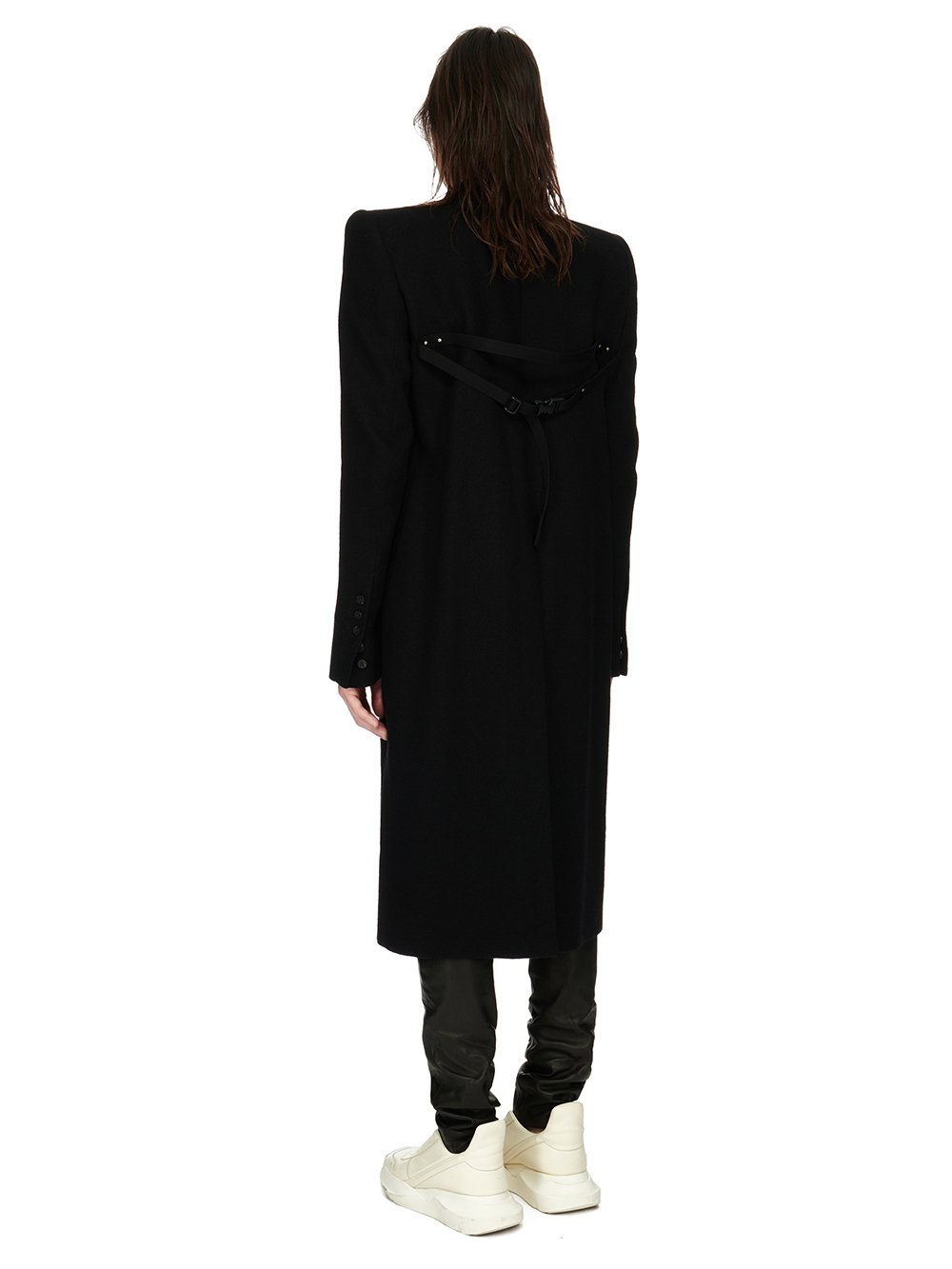 RICK OWENS FW23 LUXOR FOGPOCKET NEUE COAT IN BLACK SOFT WOOL FLANNEL