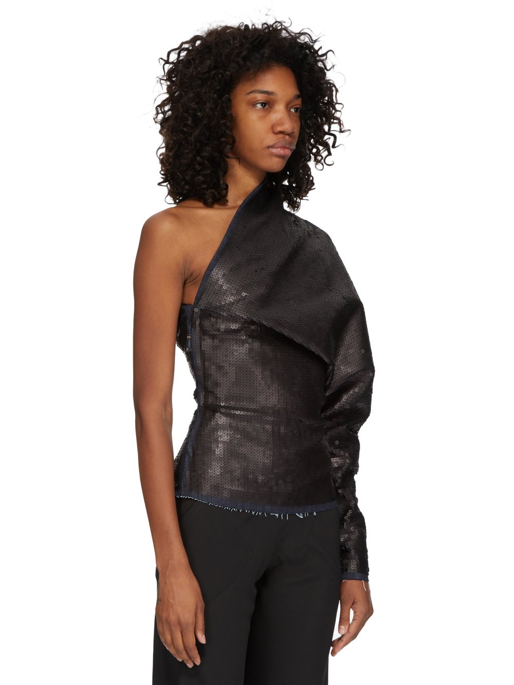 RICK OWENS FW23 LUXOR RUNWAY ONE SLEEVE TOP IN BLUE AND BLACK SEQUIN EMBROIDERED STRETCH DENIM