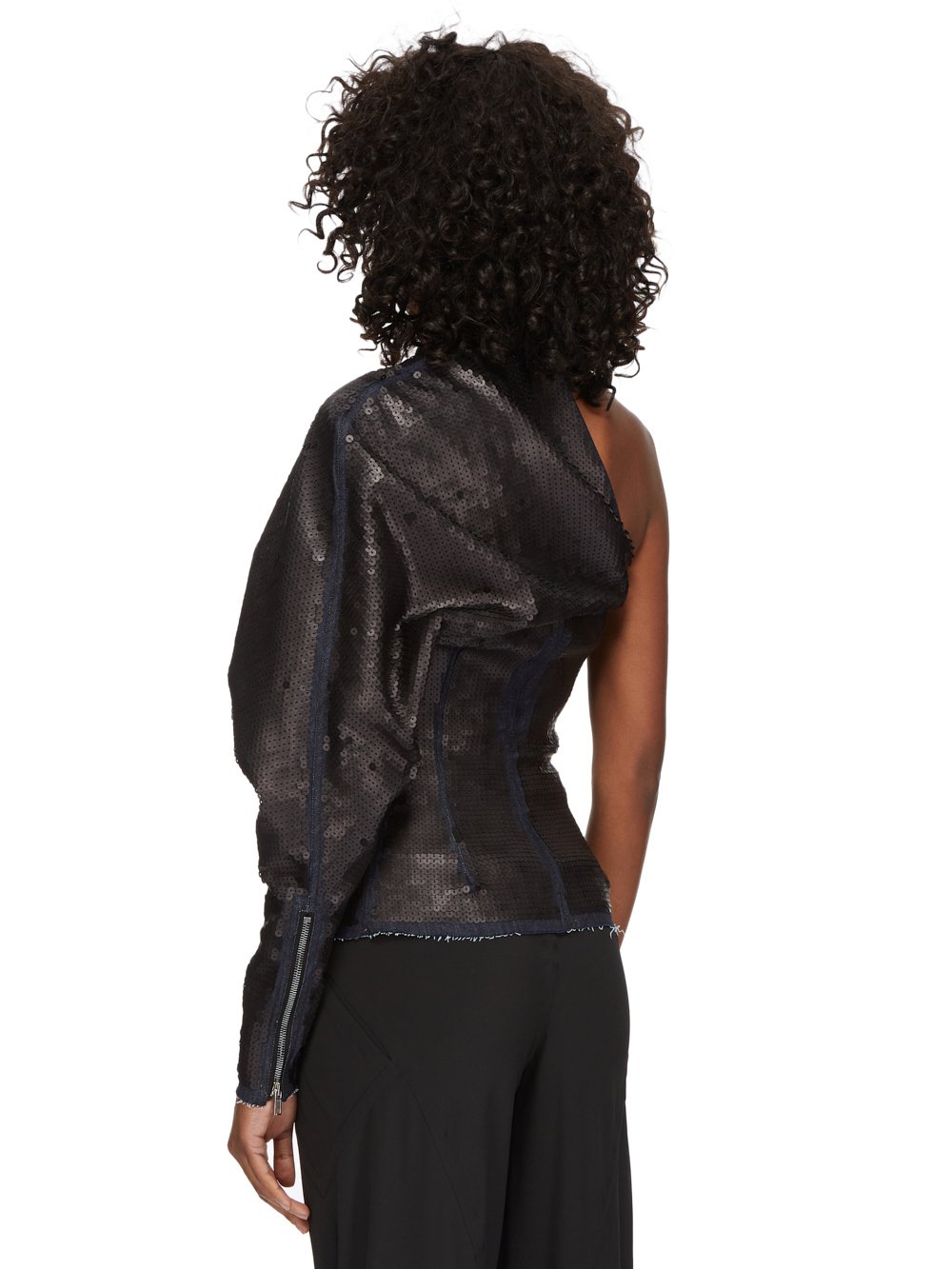 RICK OWENS FW23 LUXOR RUNWAY ONE SLEEVE TOP IN BLUE AND BLACK SEQUIN EMBROIDERED STRETCH DENIM