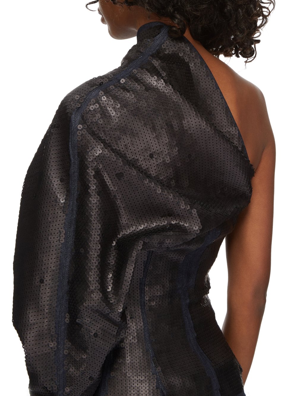 RICK OWENS FW23 LUXOR RUNWAY ONE SLEEVE TOP IN BLUE AND BLACK SEQUIN EMBROIDERED STRETCH DENIM