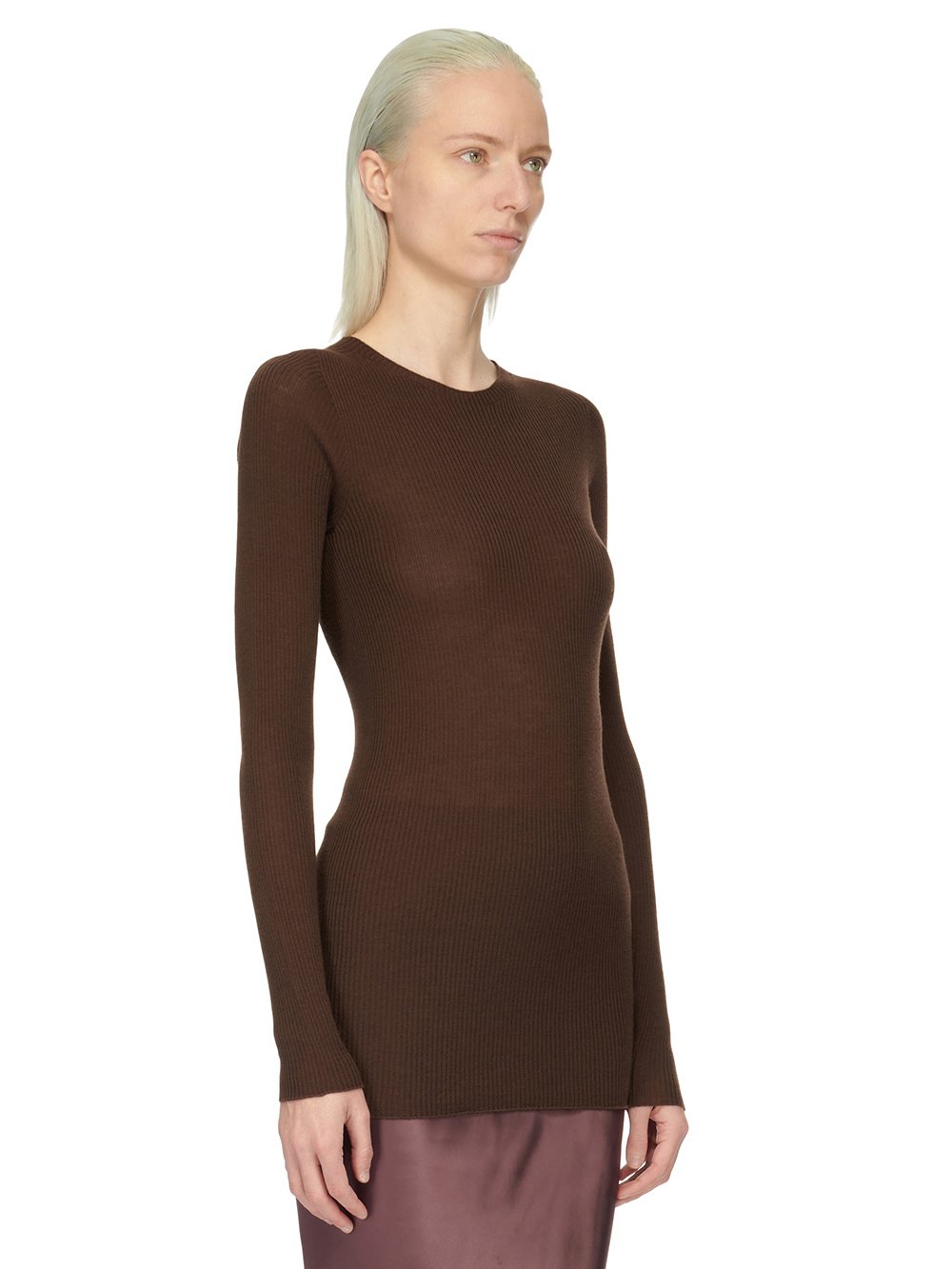 RICK OWENS FW23 LUXOR RIBBED ROUND NECK IN BROWN LIGHTWEIGHT RIBBED KNIT