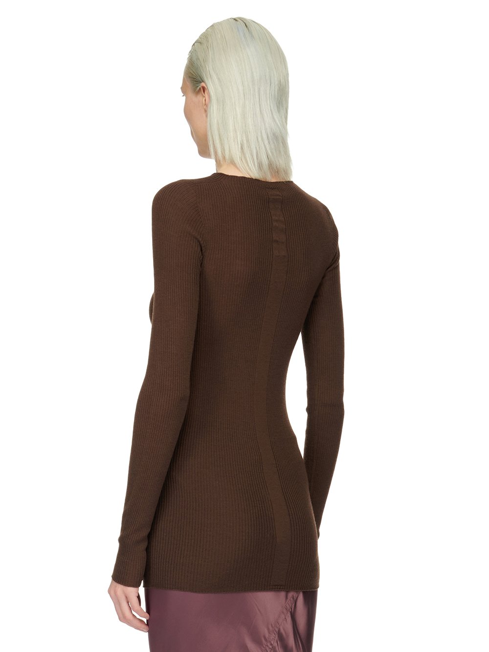 RICK OWENS FW23 LUXOR RIBBED ROUND NECK IN BROWN LIGHTWEIGHT RIBBED KNIT