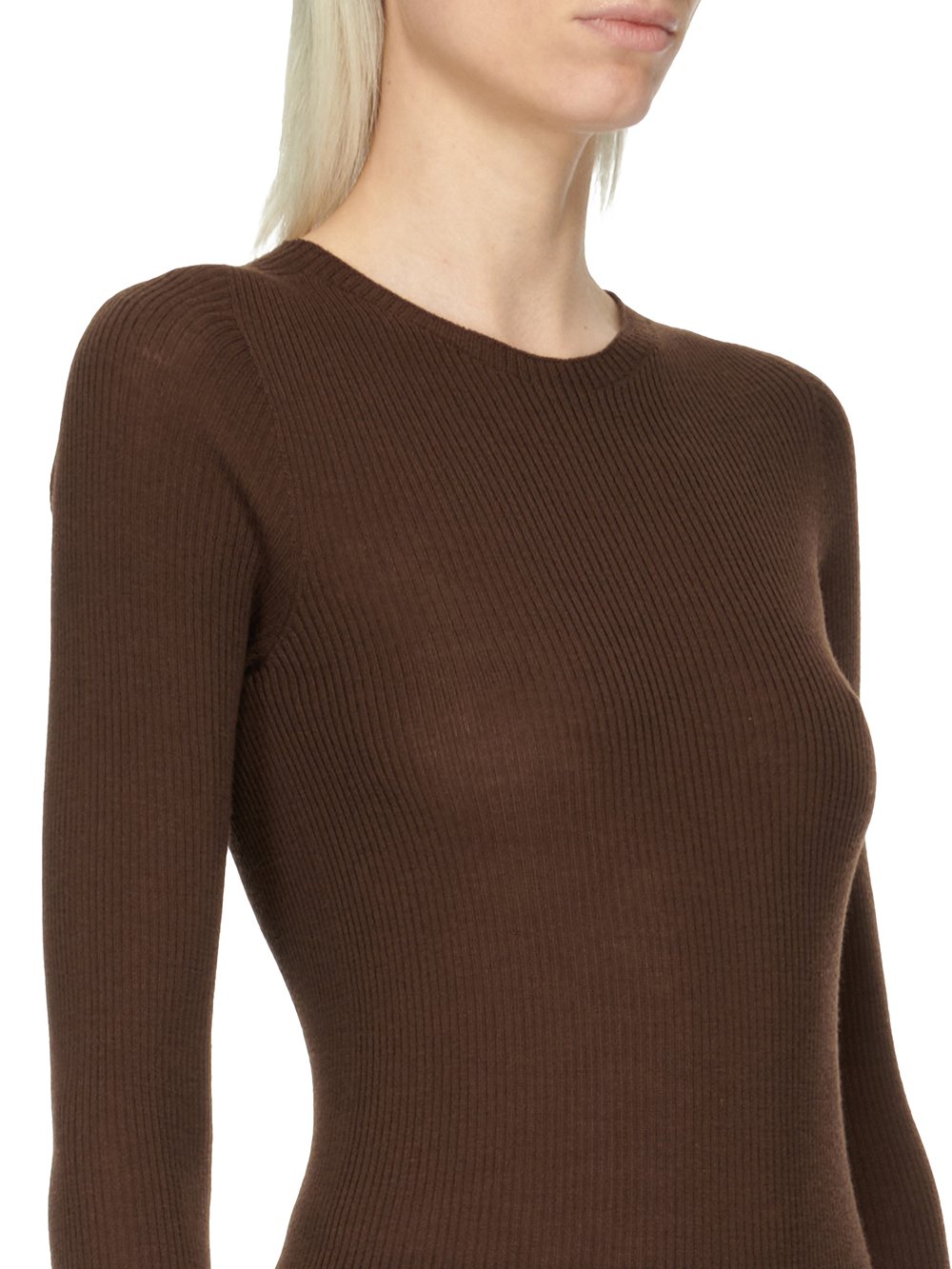 RICK OWENS FW23 LUXOR RIBBED ROUND NECK IN BROWN LIGHTWEIGHT RIBBED KNIT