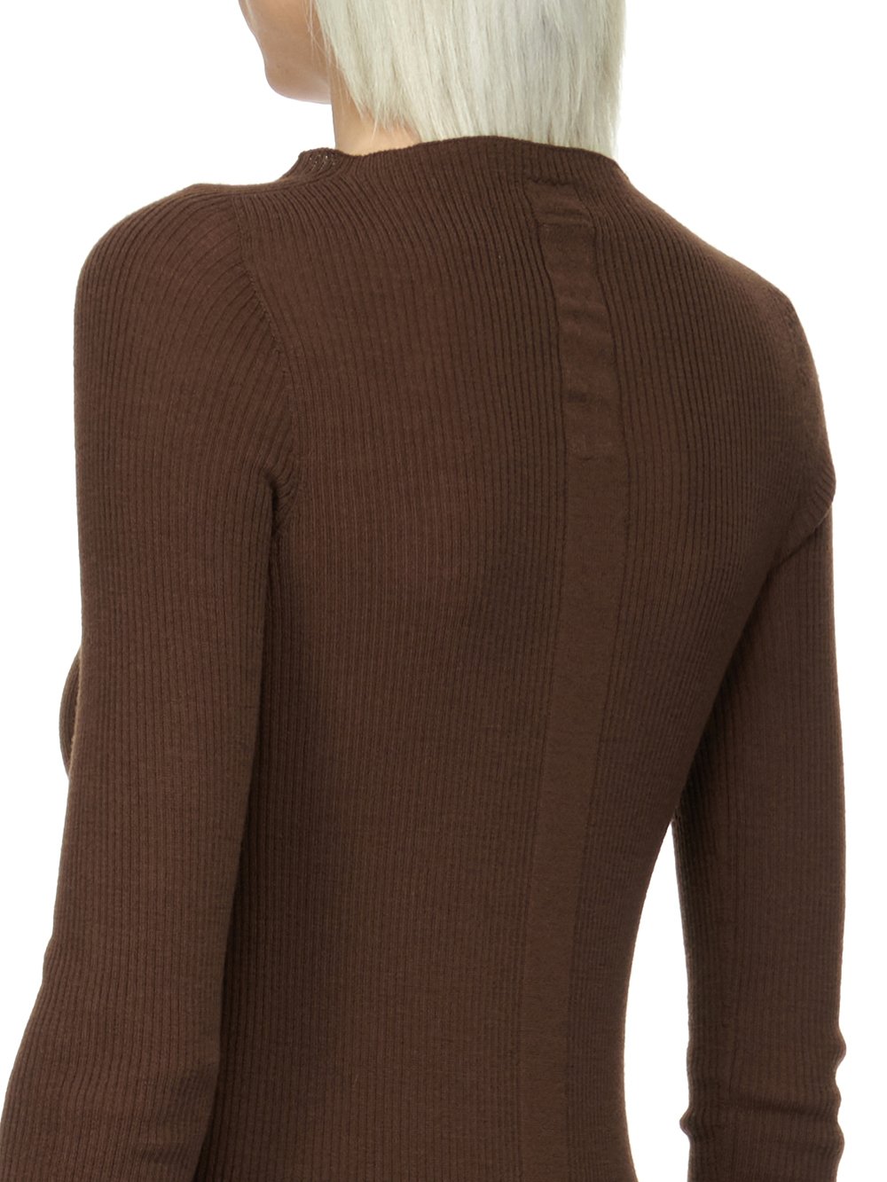 RICK OWENS FW23 LUXOR RIBBED ROUND NECK IN BROWN LIGHTWEIGHT RIBBED KNIT