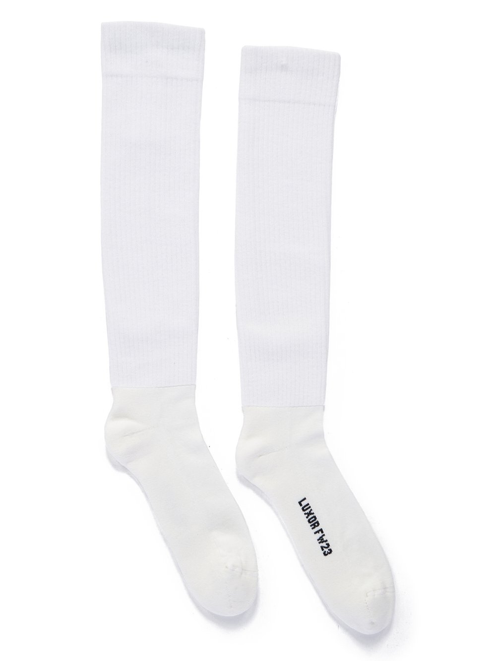 RICK OWENS FW23 LUXOR KNEE HIGH SOCKS IN MILK AND BLACK COTTON KNIT