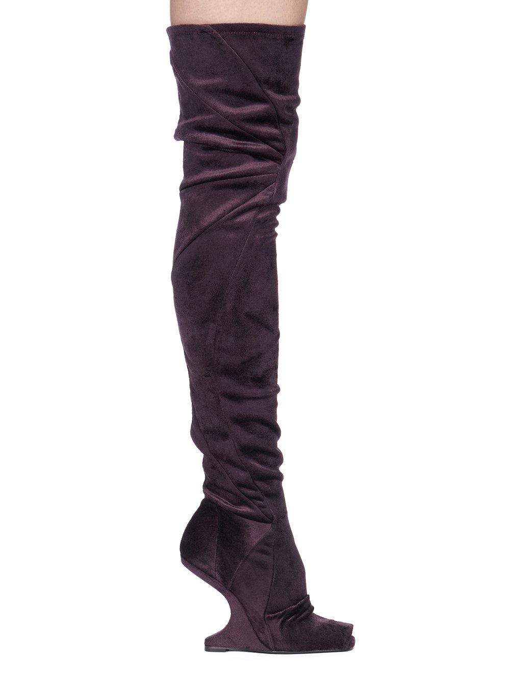 RICK OWENS LILIES FW23 LUXOR CANTILEVER 11 THIGH HIGH BOOT IN DEEP PURPLE VELVET JERSEY