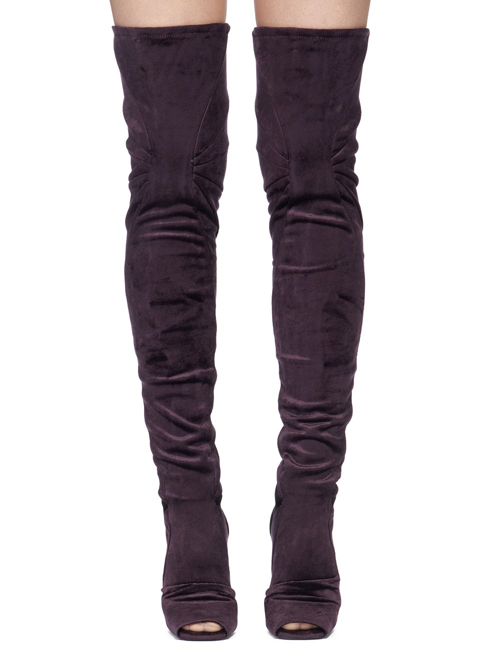 RICK OWENS LILIES FW23 LUXOR CANTILEVER 11 THIGH HIGH BOOT IN DEEP PURPLE VELVET JERSEY