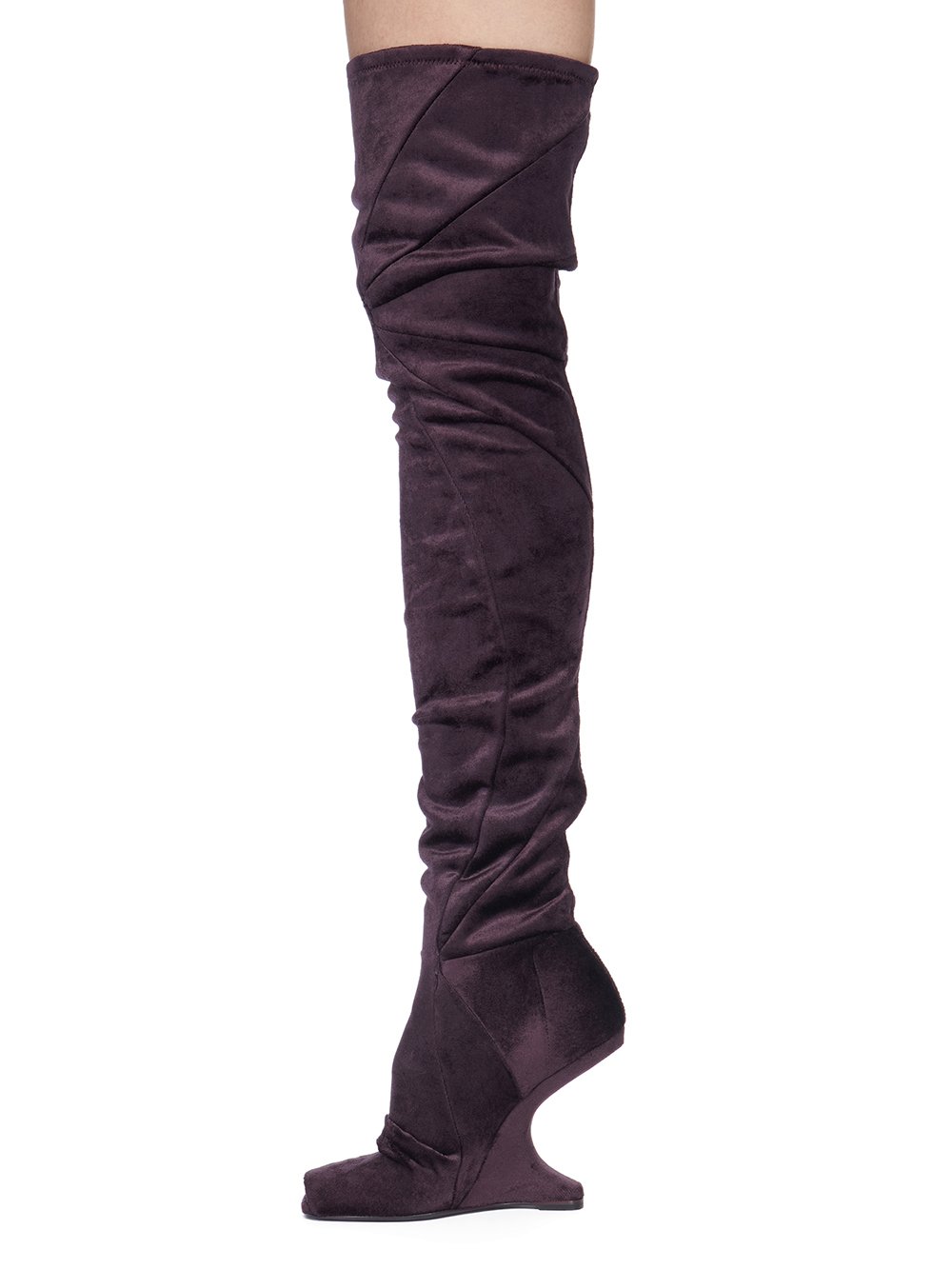 RICK OWENS LILIES FW23 LUXOR CANTILEVER 11 THIGH HIGH BOOT IN DEEP PURPLE VELVET JERSEY