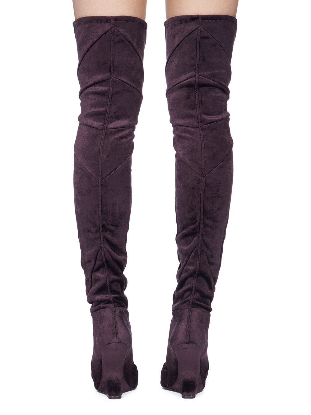 RICK OWENS LILIES FW23 LUXOR CANTILEVER 11 THIGH HIGH BOOT IN DEEP PURPLE VELVET JERSEY