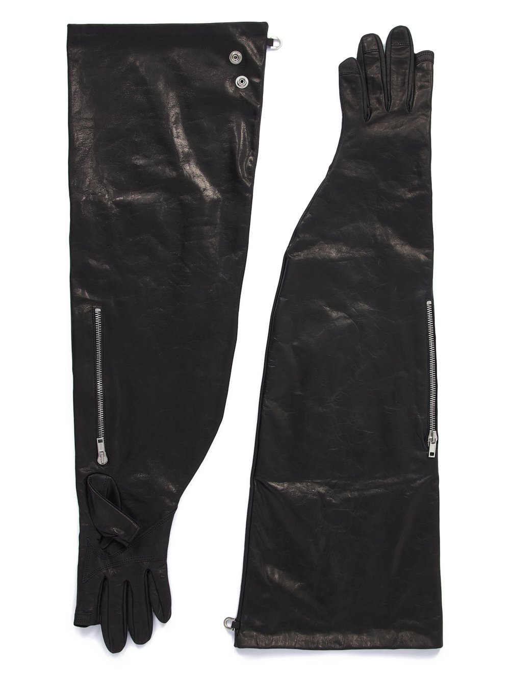 RICK OWENS FW23 LUXOR RUNWAY ZIP POCKET GLOVES IN BLACK SUGAR CALF LEATHER