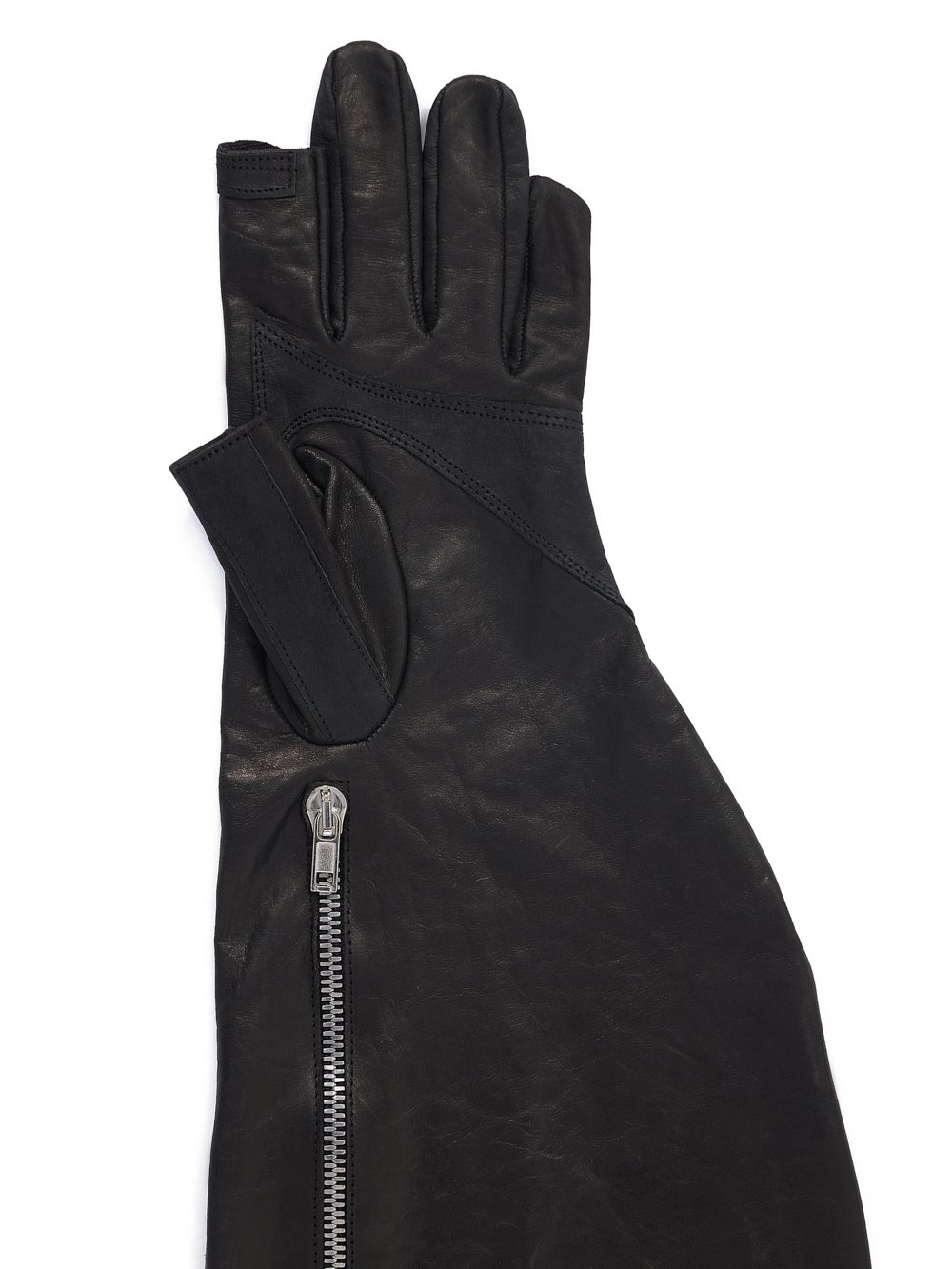 RICK OWENS FW23 LUXOR RUNWAY ZIP POCKET GLOVES IN BLACK SUGAR CALF LEATHER