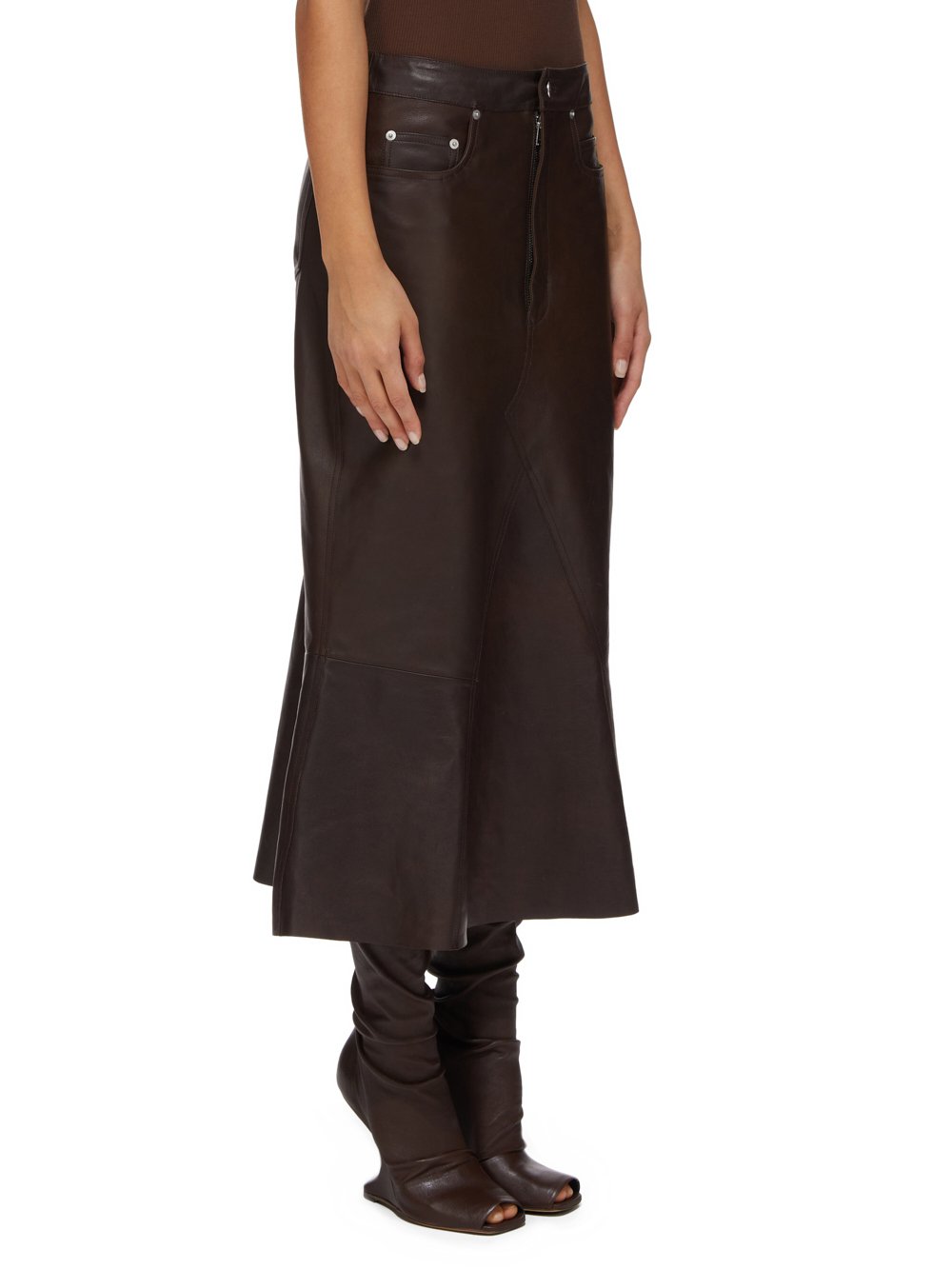 RICK OWENS FW23 LUXOR GODET SKIRT IN BROWN VEG NAPPA LAMB