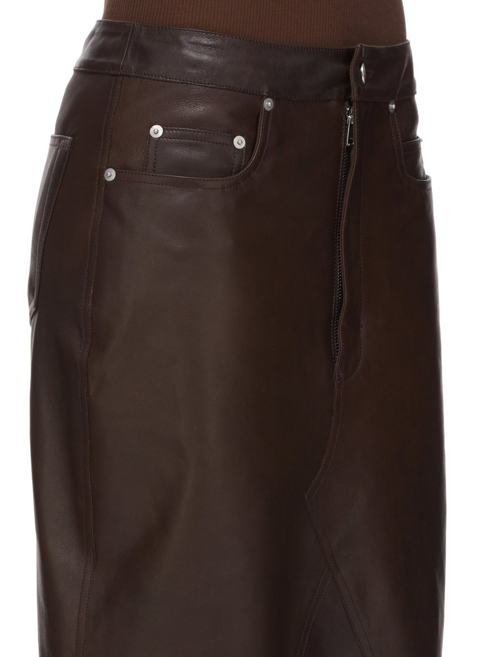 RICK OWENS FW23 LUXOR GODET SKIRT IN BROWN VEG NAPPA LAMB