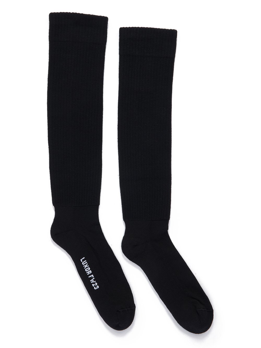 RICK OWENS FW23 LUXOR KNEE HIGH SOCKS IN BLACK AND MILK COTTON KNIT