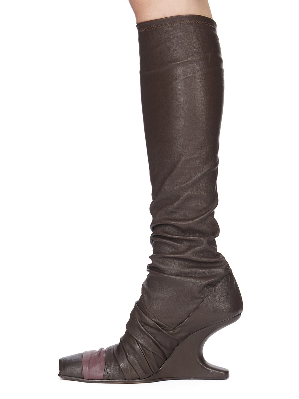 RICK OWENS FW23 LUXOR CANTILEVER 8 SISY IN BROWN AND AMETHYST STRETCH LAMB LEATHER AND LONG HAIR PONY